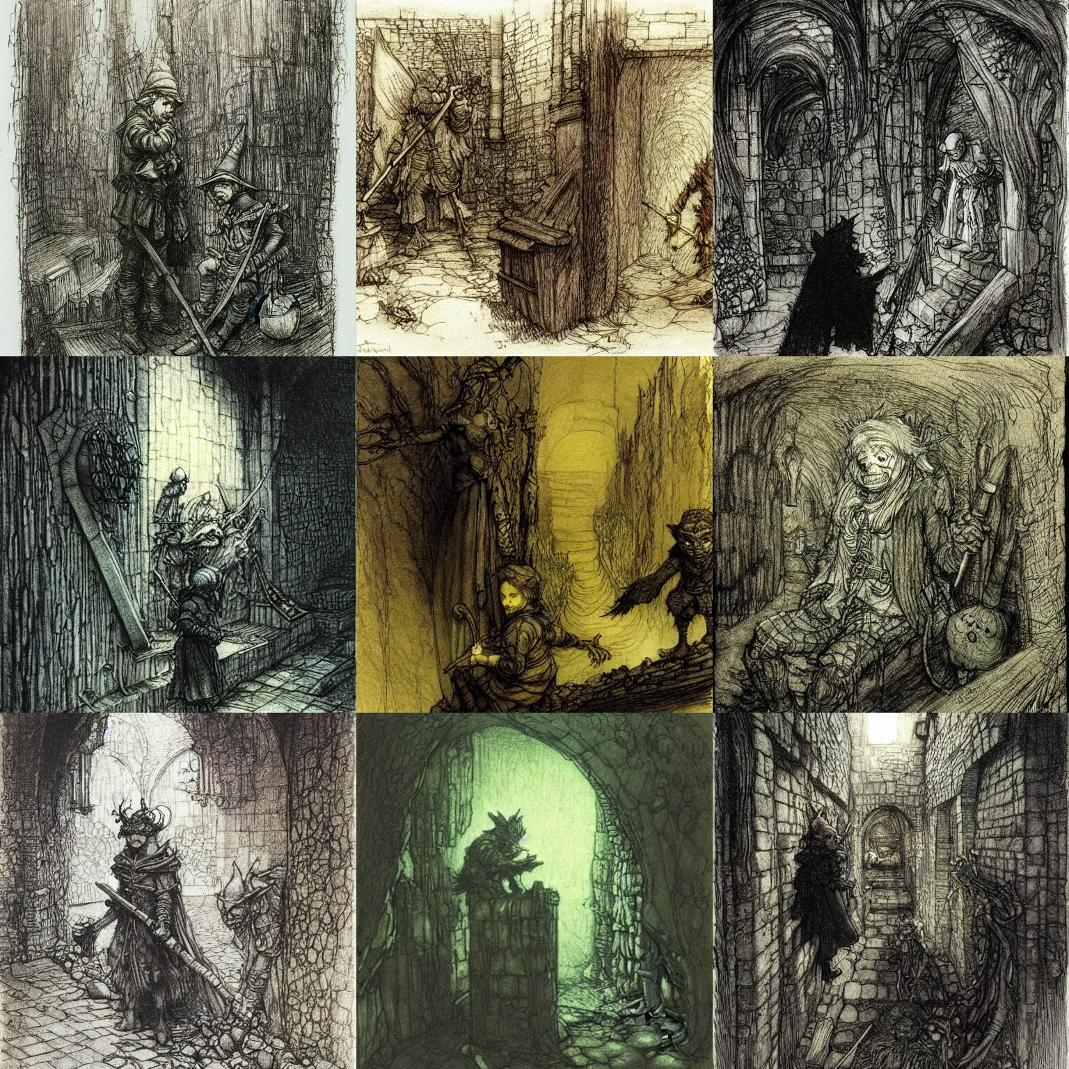 Prompt: cunning, minder [ [ goblins ] ] work in a dark [ mine ], fairy tale illustration, drawing by alan lee, rembrandt, arthur rackham and marc simonetti
