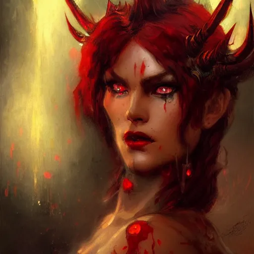 Prompt: attractive demon queen with red eyes painting by gaston bussiere, luis rollo, craig mullins, close - up portrait, digital painting, highly detailed, artstation, sharp focus, illustration, concept art, full hd