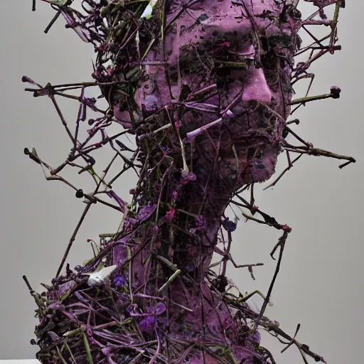 Prompt: an abstract sculpture by david altmejd in purple wax floating in jean prouve design