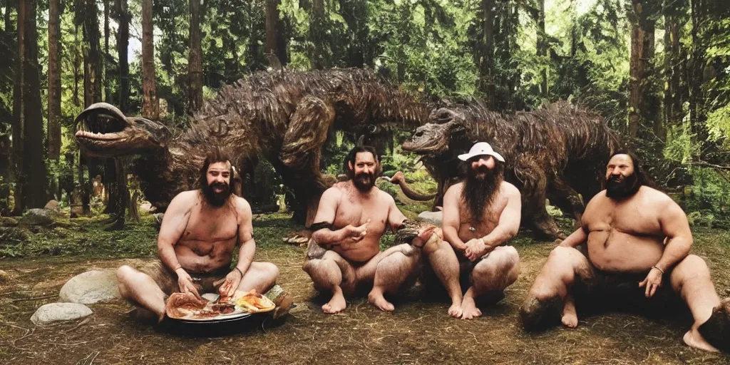 Prompt: photo, three hairy neanderthal people, sumo japanese, eating outside, surrounded by dinosaurs!, gigantic forest trees, sitting on rocks, bright moon, birthday cake on the ground, birthday cap, front view, emma watson giving concert