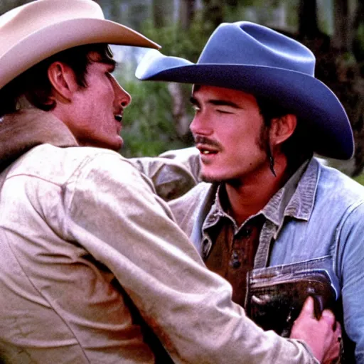 Image similar to a romantic scene from brokeback mountain starring josh hartnett as ennis del mar