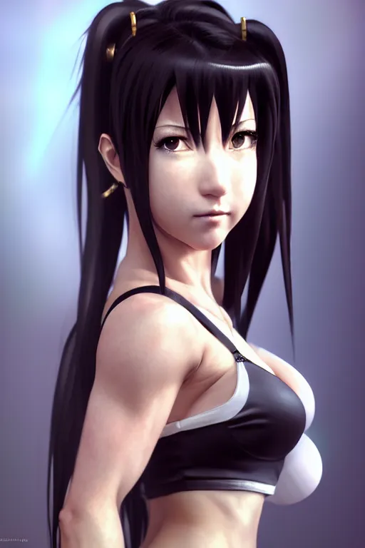 Prompt: 3 / 4 view of a portrait of tifa from final fantasy, evangelion, au naturel, hyper detailed, digital art, trending in artstation, cinematic lighting, studio quality, smooth render, frostbite 3 engine rendered, art style by klimt and nixeu and ian sprigger and wlop and krenz cushart