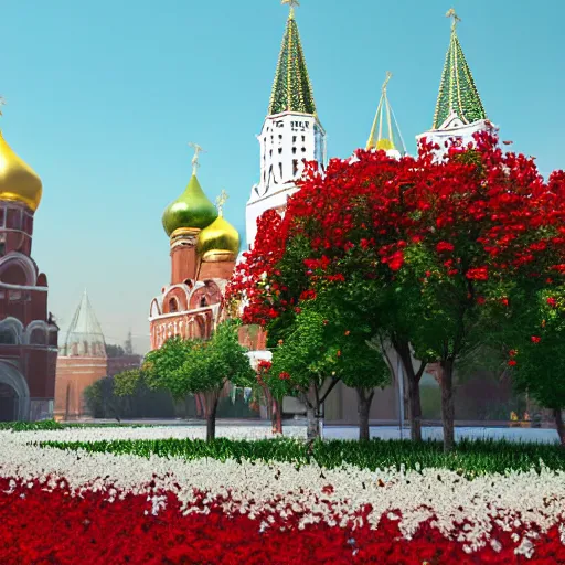 Image similar to huge explosions in the form of white cotton plants in Red Square Kremlin, beautiful dynamic lighting, cinematic, extremely high detail, photo realistic, cinematic lighting, post processed, concept art, artstation, matte painting, unreal engine 8k