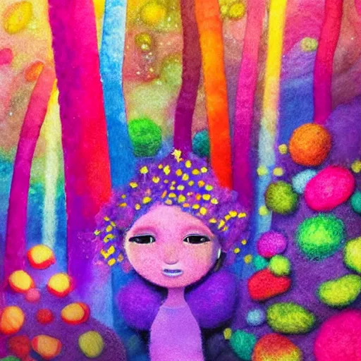 Image similar to a black girl with a colorful afro and rainbow eyes, in a candy forest! at night, bokeh, bright colours, watercolor, volumetric wool felting, macro photography, children illustration, by goro fujita