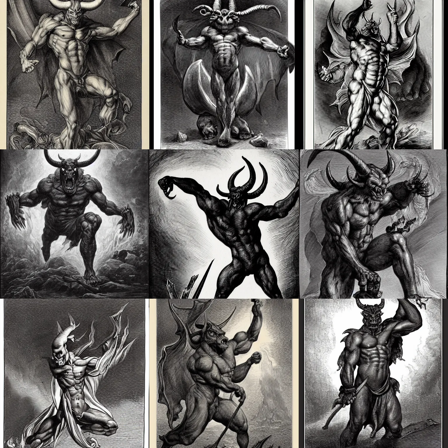 Prompt: full body, grayscale, 3/4 view, muscled humanoid balrog demon, horns, hoofs, claws, large horned tail, heroic pose,partly covered by flames, fire, stylized, tarot, Gustave Dore, white on black