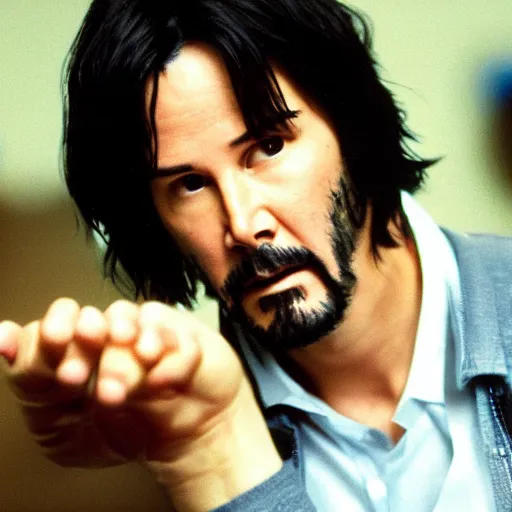 Prompt: psychologist tries to explain to me in his office that keanu reeves does not exist