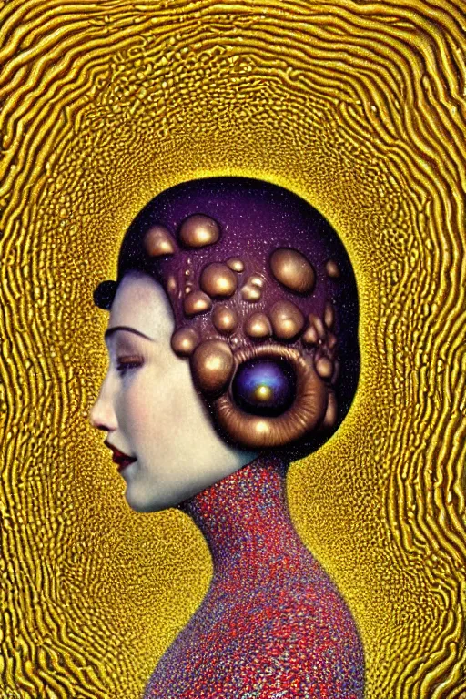 Image similar to art deco close up portait of mushroom head with big mouth surrounded by spheres, rain like a dream digital render curvalinear clothing dramatic fluid lines otherworldly vaporwave interesting details epic composition by artgerm moebius francis bacon gustav klimt