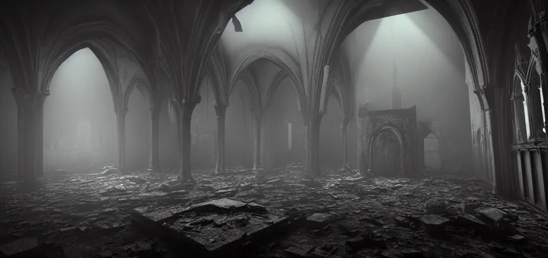 Prompt: dramatic eerie render of interior of dark abandoned ruined gothic castle at night, exposed, accurate ray tracing, mysterious fog, ghostly particles, ambient occlusion, unreal engine, detailed, vibrant, artstation, by dylan cole and jordan grimmer