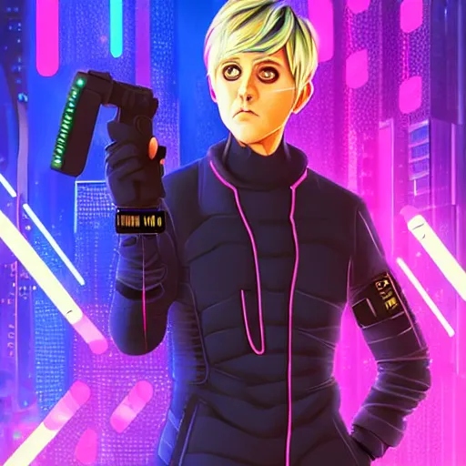 Prompt: ellen degeneres as the main character of a cyberpunk anime in the style of bladerunner by wlop and greg rutkowsky