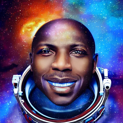 Prompt: a portrait of an african astronaut in the space with nebulae, realistic painting, high definition, digital art, matte painting, very detailed, realistic