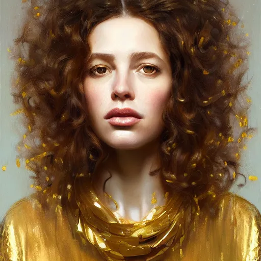 Prompt: epic painting of highly detailed long curly brown haired female in olive blouse on golden glowing background with dried dates in style of amy leibowitz, wlop, jeremy lipkin, beeple