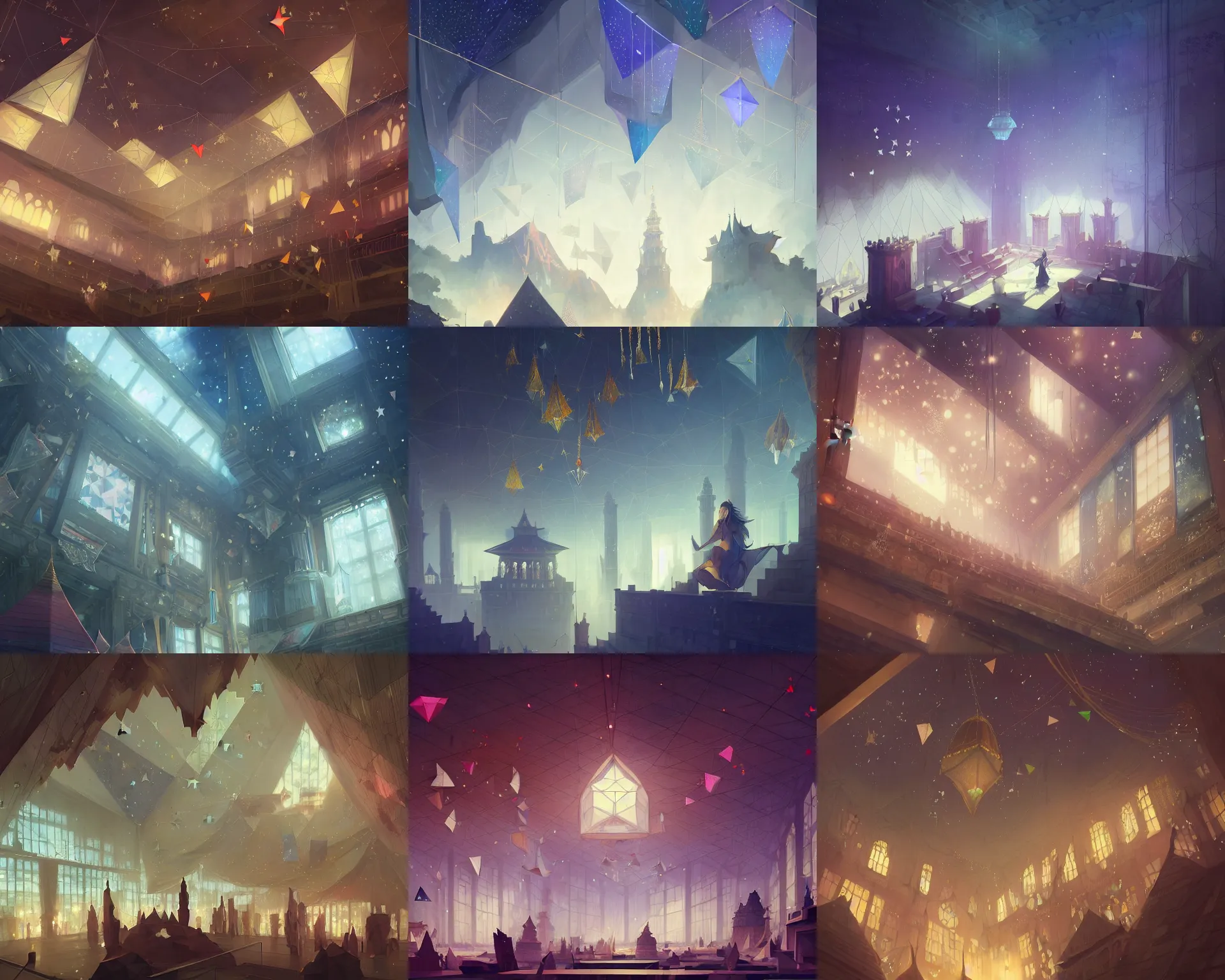 Prompt: polygonal marketplace with giant walls and glass ceilings showing the stars and hanging silk drapery and tapestries, light dust, magnificent, close up, details, sharp focus, elegant, highly detailed, illustration, by Jordan Grimmer and greg rutkowski and PiNe(パイネ) and 薯子Imoko and 香川悠作 and wlop and maya takamura, intricate, beautiful, Trending artstation, pixiv, digital Art