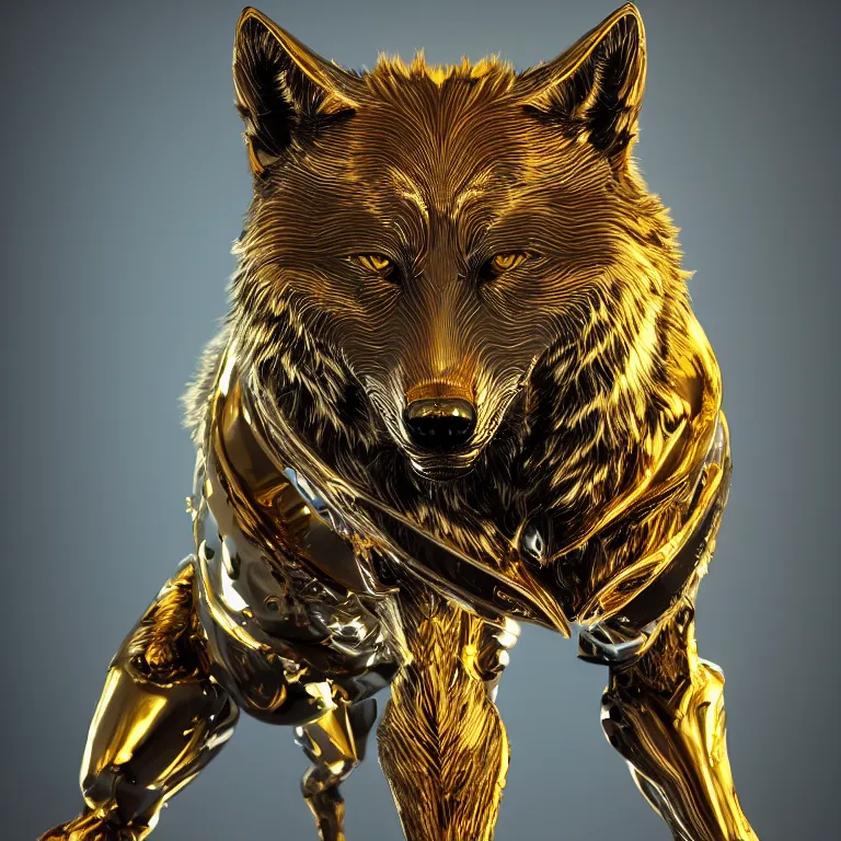 Image similar to chrome and gold wolf, glossy, metallic, neon, symmetrical, tribal patterns, realistic, unreal engine, octane, redshift, artstation, behance