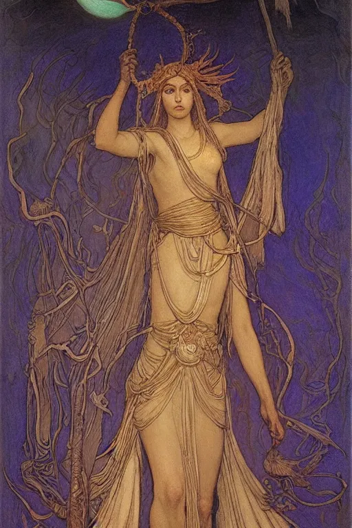 Image similar to goddess of the moonlit dead with her lantern and regalia, by Annie Swynnerton and Nicholas Roerich and jean delville, dramatic cinematic lighting , ornate headdress , flowing robes, lost civilizations, extremely detailed