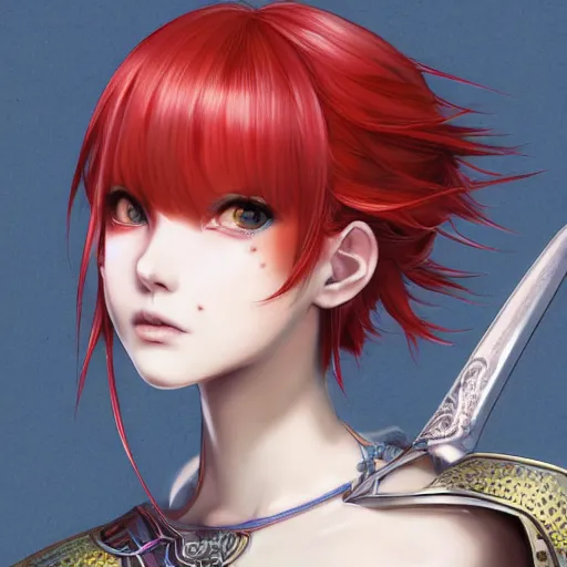 Prompt: a red haired female knight as an absurdly beautiful, elegant, sensual anime girl, blue background, ultrafine hyperrealistic detailed face illustration by kim jung gi, irakli nadar, intricate linework, sharp focus, bright colors, matte, octopath traveler, final fantasy, unreal engine highly rendered, global illumination, radiant light, intricate environment