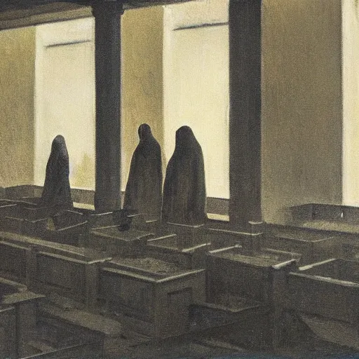 Image similar to apocalyptic scene,prayer,occult,refugees,mosque synagogue interior,gas masks,geometric art,patina,edward hopper