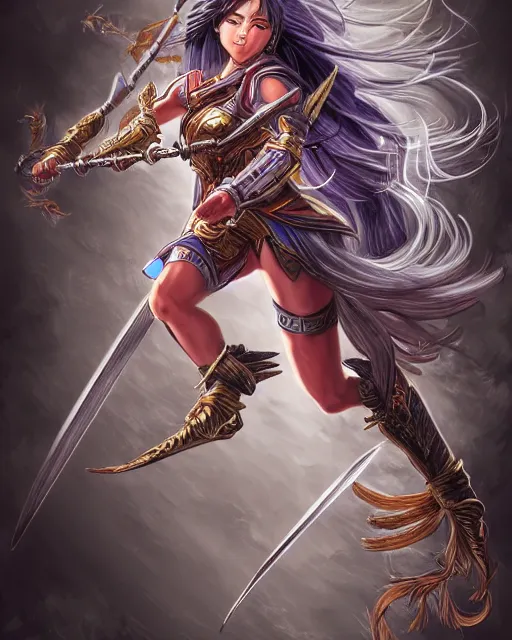 Image similar to A beautiful female warrior running, D&D, beautiful face, highly detailed face, fantasy art, female art, in the style of masami kurumada, illustration, epic, fantasy, intricate, hyper detailed, artstation, concept art, smooth, sharp focus, ray tracing