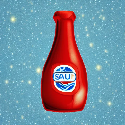 Image similar to ketchup bottle with label with letters on blue background with mars at lower right corner and saturn at upper right corner realistic digital art