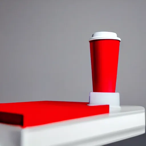 Image similar to an ultra high definition professional studio quality photograph of a red cup on a white plinth in an empty white room, a mobile phone is on top of plinth in the centre of the photograph. three point light.