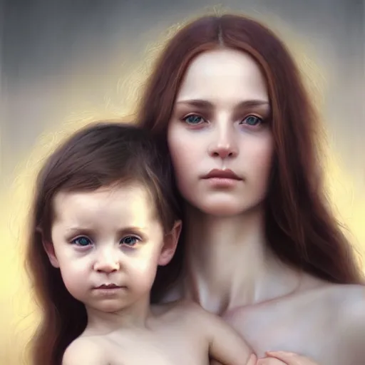Image similar to pure love is patient love is kind, mother and child ; photorealistic oil painting by charlie bowater and mark brooks ; highly detailed cute faces by wlop ; trending on artstation ; 8 k high resolution, symmetrical, cinematic, high coherence, golden ratio, rule of thirds, perfectly centered ; anatomically correct faces