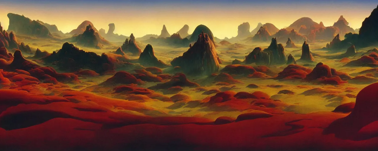 Prompt: otherworldly landscape by roger dean, [ cinematic, epic, opening shot, establishing, mattepainting, 4 k ]