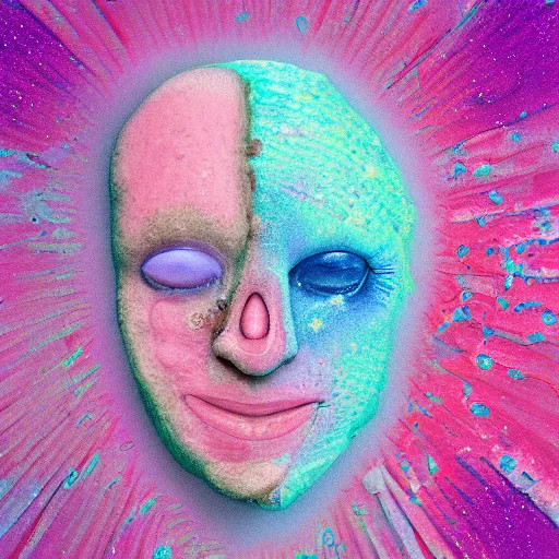 Prompt: happy smiling pink ice cream crying sky blue waffle cone face, high definition, beautiful mystical digital classic inspired rendered painting