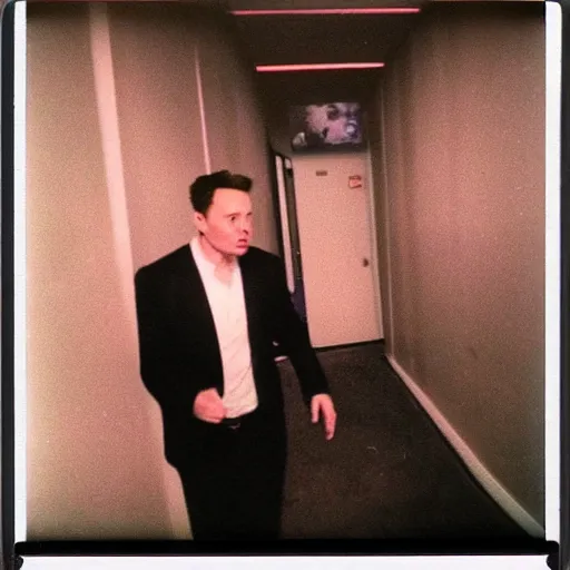 Image similar to A creepy polaroid photo of Elon Musk chasing you down a hallway