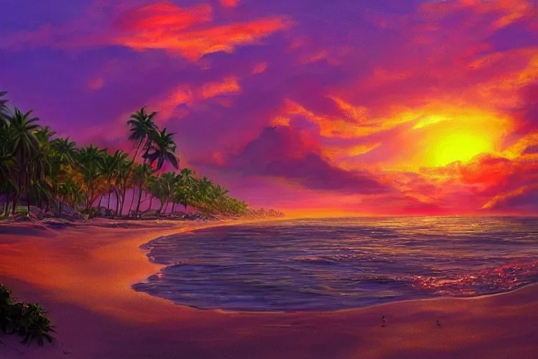 Prompt: beautiful painting of a fantasy tropical island beach, with sun, at sunset trending on artstation, purple orange red color scheme