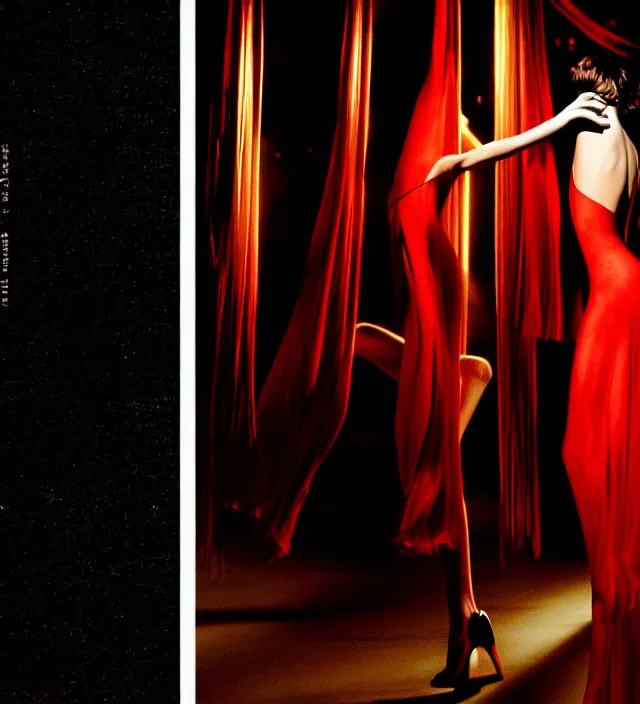 Image similar to la la land unseen film scene of gaz station by night starring seductive actress doing tango dancing, with stylish colorfull makeup and fluid cloth. intriguing soft back lighting, highly detailed, skin grain detail, photography by paolo roversi, nick knight