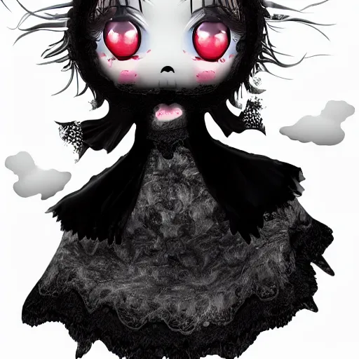 Image similar to cute fumo plush of a cursed floating blob of dark ichor vaguely in the shape of a cute girl, amorphous, inky blackness, fluid simulation melting, gothic dress with lace, black and white, horror, vray