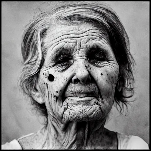 Image similar to scarred older woman, faded beauty, fragile optimism