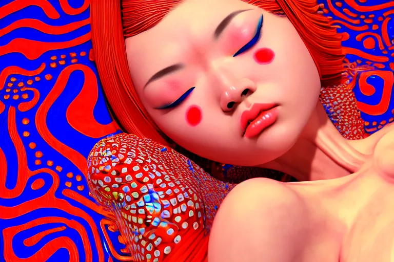 Image similar to realistic detailed image of a geisha laying down in a padded room, conjuring psychedelic background, part by yayoi kusama, part by alex gray, part by ross tran, part by james jean, ultra realistic, highly detailed, life like face, detailed body, 8 k, octane render, trending on artstation, very cohesive, masterpiece