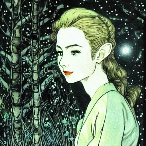 Prompt: beautiful elegant!!! portrait of 1 9 4 0 s woman tolkien elf!! in the forest at night rivendale, style of takato yamamoto intaglio watercolor, moon and stars