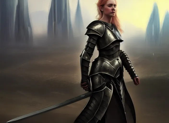 Image similar to landscape of a future city, a young english woman between the ages of 2 0 - 2 5 years, wearing armor and pointing a dagger, wearing a face full of anger. fine art, modern realism, sharp focus, good lighting, trending on artstation, trending on tiktok, smooth drawing, elegant, authoritative, without anomalies.