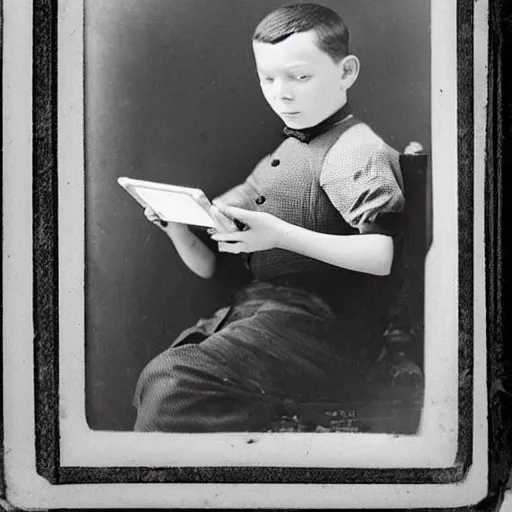 Prompt: a victorian era photograph of a young boy using a nintendo 3ds