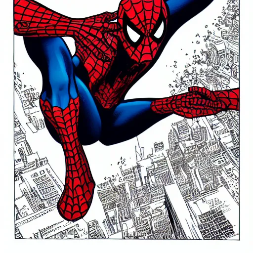 Image similar to Spiderman, half symbiote drawn by Geof Darrow