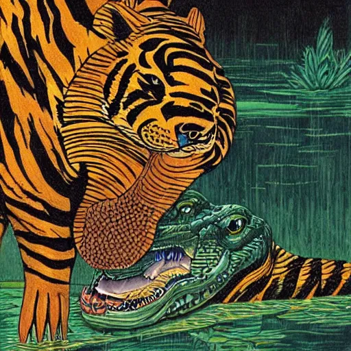 Image similar to a hybrid animal half crocodile and half tiger painting by moebius