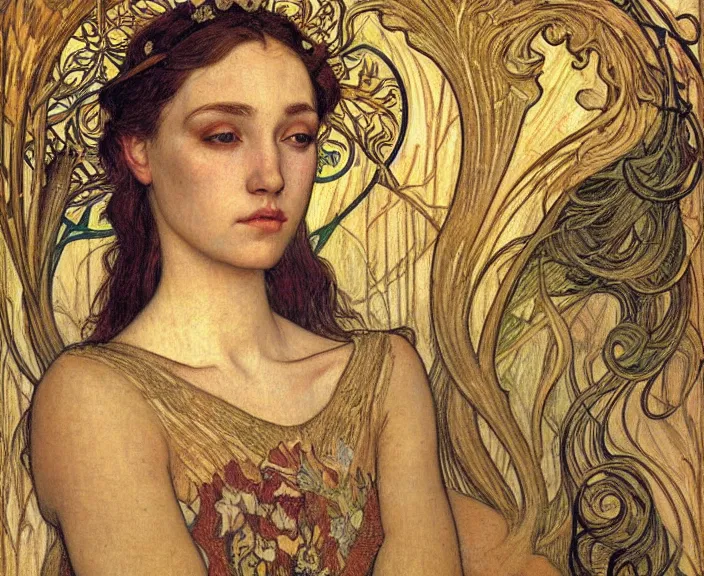 Image similar to detailed realistic beautiful young medieval queen face portrait by jean delville, alphonse mucha, vincent van gogh, and marco mazzoni, art nouveau, symbolist, visionary, gothic, pre - raphaelite