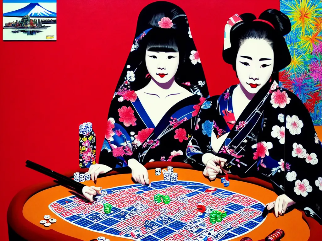 Image similar to hyperrealistic composition of the detailed woman in a japanese kimono sitting at a extremely detailed poker table with detailed darth vader, fireworks, mount fuji on the background, pop - art style, jacky tsai style, andy warhol style, acrylic on canvas