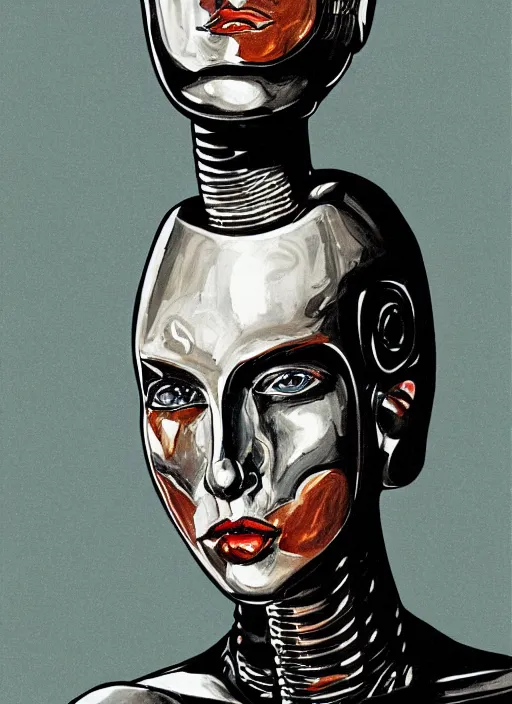 Prompt: portrait of robot queen with chrome skin and sodium dome car headlights for eyes