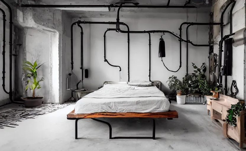 Prompt: saudi arabian bedroom interior, minimalism, punk, bed, neon, modernism, persian design, beige, black, wood, industrial, pipes, rust, little windows, plants, retro futurism, swedish design