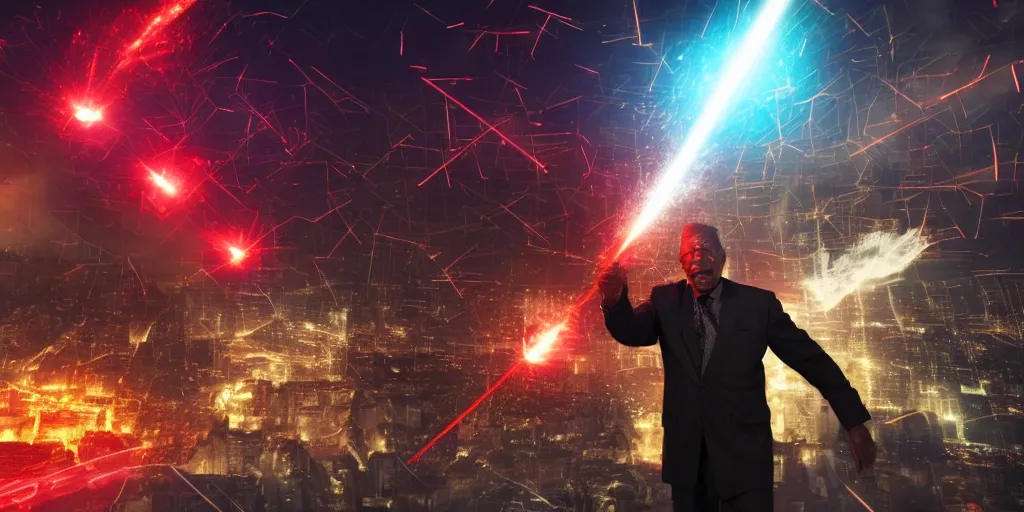 Image similar to gigantic morgan freeman destroying a city throwing lasers from his eyes, night, realism, 4 k, octane render, award winning photograph, realistic, cinematic shot