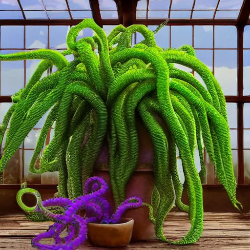 Prompt: wide shot several green and violet poisonous spiked tentacula vines grow from a pot, on wooden table in the ray of sunshine in greenhouse, digital art, hyper realistic, sharp focus, high detailed, calm, warm lighting, by Rutkowsky