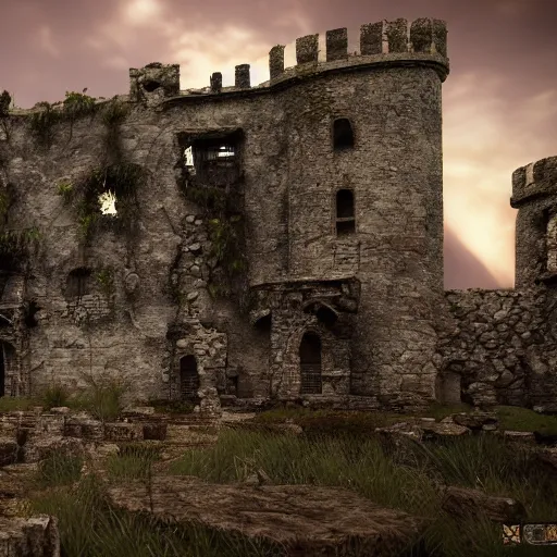 Image similar to Old ruins of a castle, Fantasy apocalypse environment, digital art, unreal engine 5, 4k