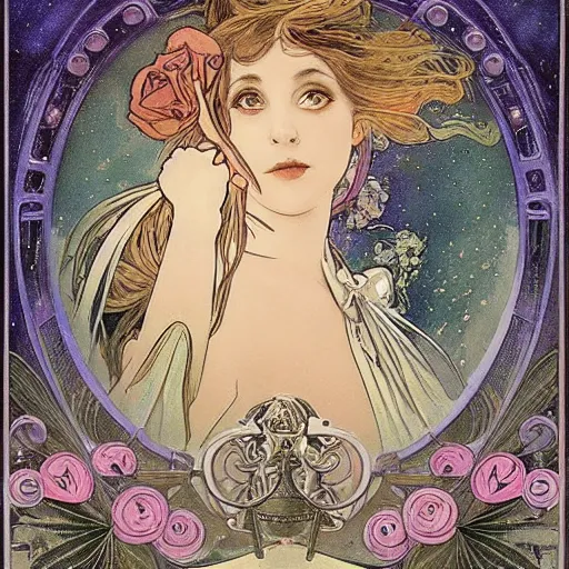 Image similar to Alice in Wonderland,Diamonds Blaze,Rose twining,out of time and space,dreamy, eternity, romantic,highly detailed,in the style of Alphonse Maria Mucha, highly detailed,night lighting