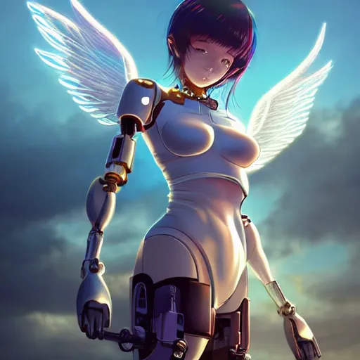 Image similar to cute endowed cyborg - angel girl with large angelic wings standing on the edge of a rooftop overlooking a floating city, left eye gold and right eye silver, biomechanical details, bionic cyborg implants, digital cyberpunk - anime art, full body shot, reflections, lens flare, wlop, ilya kuvshinov, artgerm, krenz cushart, greg rutkowski