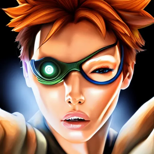 Image similar to digital cell shaded painting of tracer, detailed face, detailed expression,