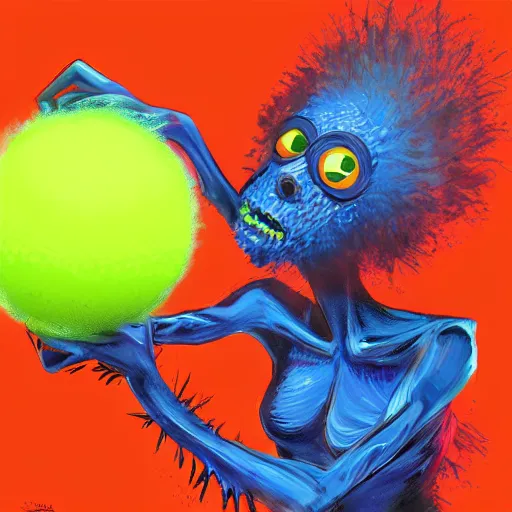 Image similar to a tennis ball monster, digital art, fantasy, magic, trending on artstation, ultra detailed, professional illustration by Basil Gogos