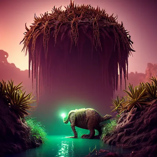 Image similar to creature in a desert lush vegetation, warm tones, night, water reflection, bioluminescent translucent : : by michal karcz and guillermo del toro : : ornate, dynamic, particulate, intricate, elegant, highly detailed, centered, artstation, smooth, sharp focus, octane render, 3 d