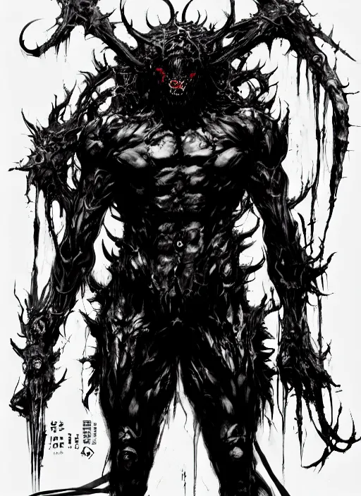 Prompt: A full body portrait of a scary demon with thousand eyes all over the body. In style of Yoji Shinkawa and Hyung-tae Kim, trending on ArtStation, dark fantasy, great composition, concept art, highly detailed.